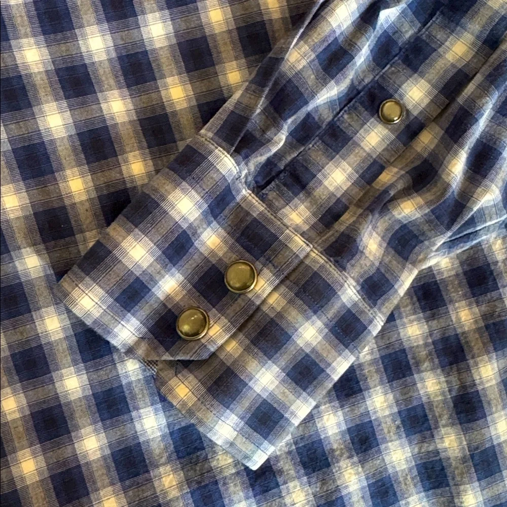 🍌 Banana Republic Western Cut Pearl Snap Navy Plaid Men's Long Sleeve Shirt - Picture 5 of 8